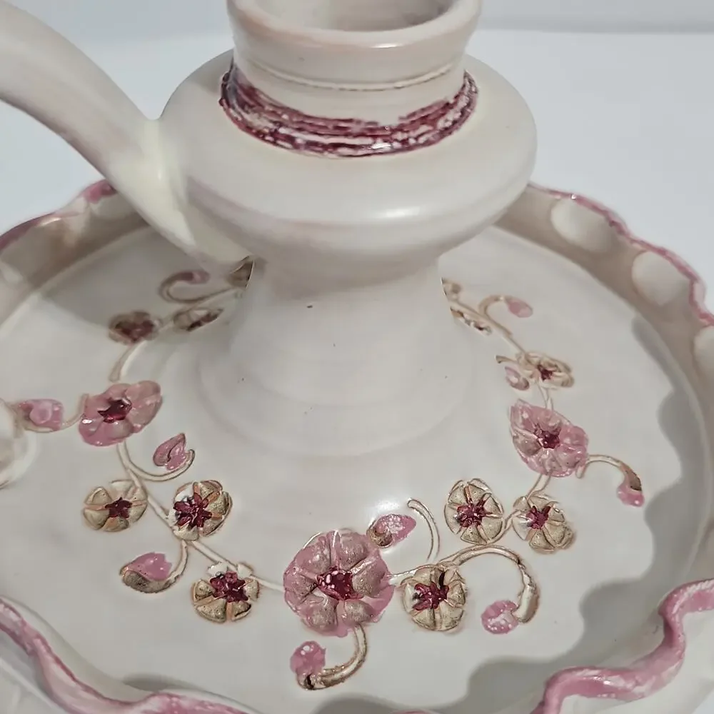 Hand Painted Ceramic Chamberstick Candle Holder Pink Scallop Edge Floral Motif